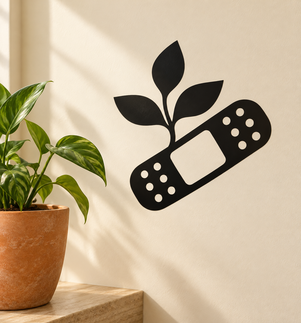 Botanical healing vinyl decal: black leaf sprig over bandage icon with white dots