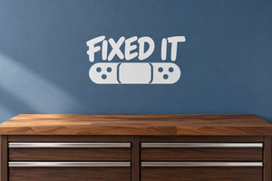Fixed It vinyl decal with bold white text and bandage-style graphic