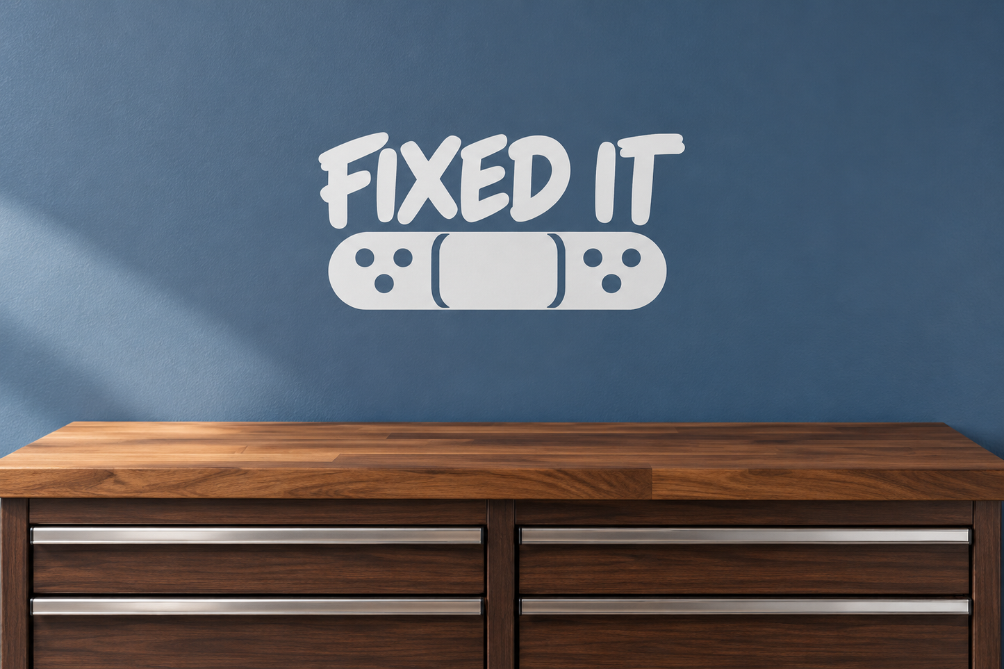 Fixed It vinyl decal with bold white text and bandage-style graphic