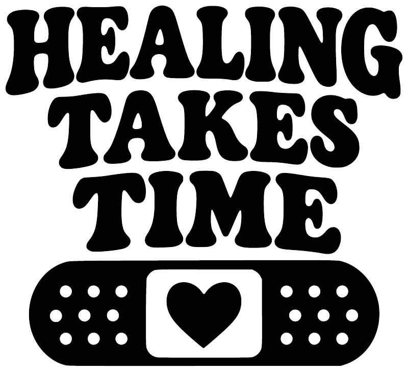 Black Healing Takes Time vinyl decal with heart in bandage strip and dotted blocks