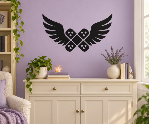 Winged bandage vinyl decal: black X-cross bandage with dice and feathered wings