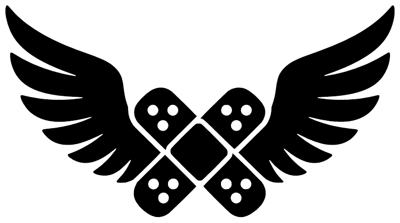 Winged bandage vinyl decal close-up: black crossed bandages with dice, feather wings