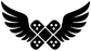 Winged bandage vinyl decal close-up: black crossed bandages with dice, feather wings