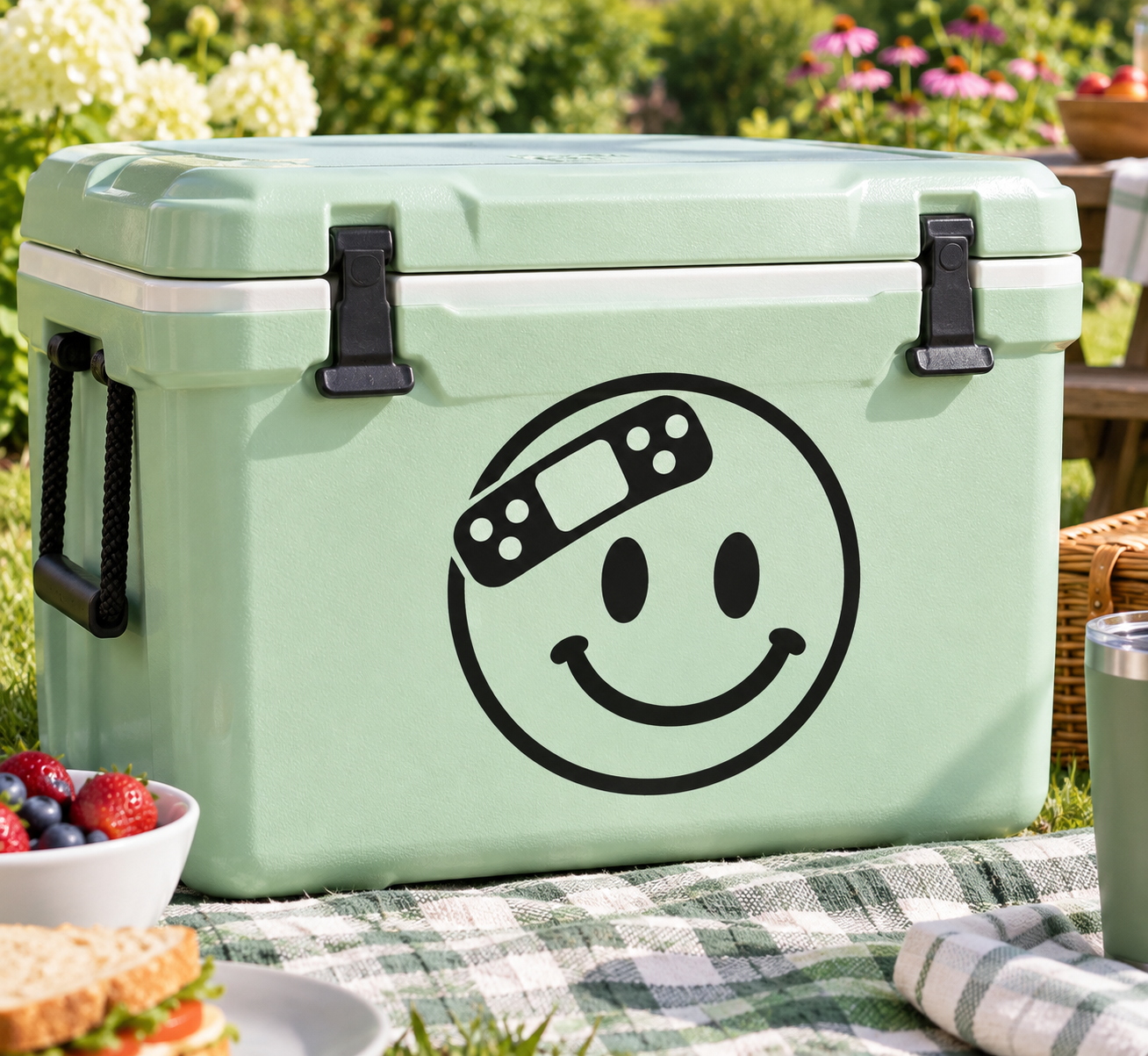Smiley vinyl decal with black bandage strip and smiling face on a cooler