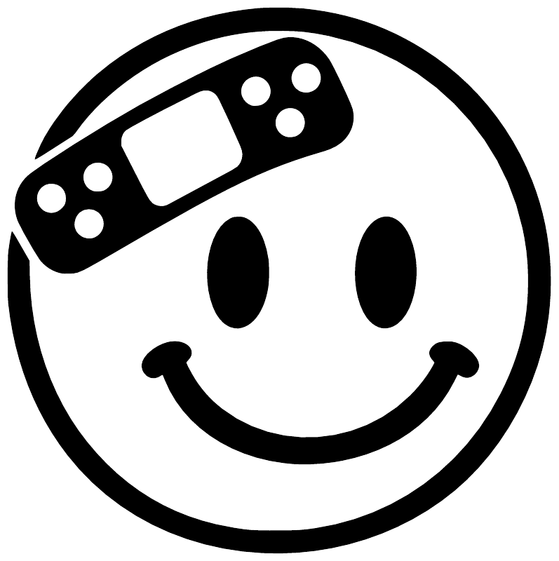 Smiley vinyl decal close-up: black bandage strip over a white face
