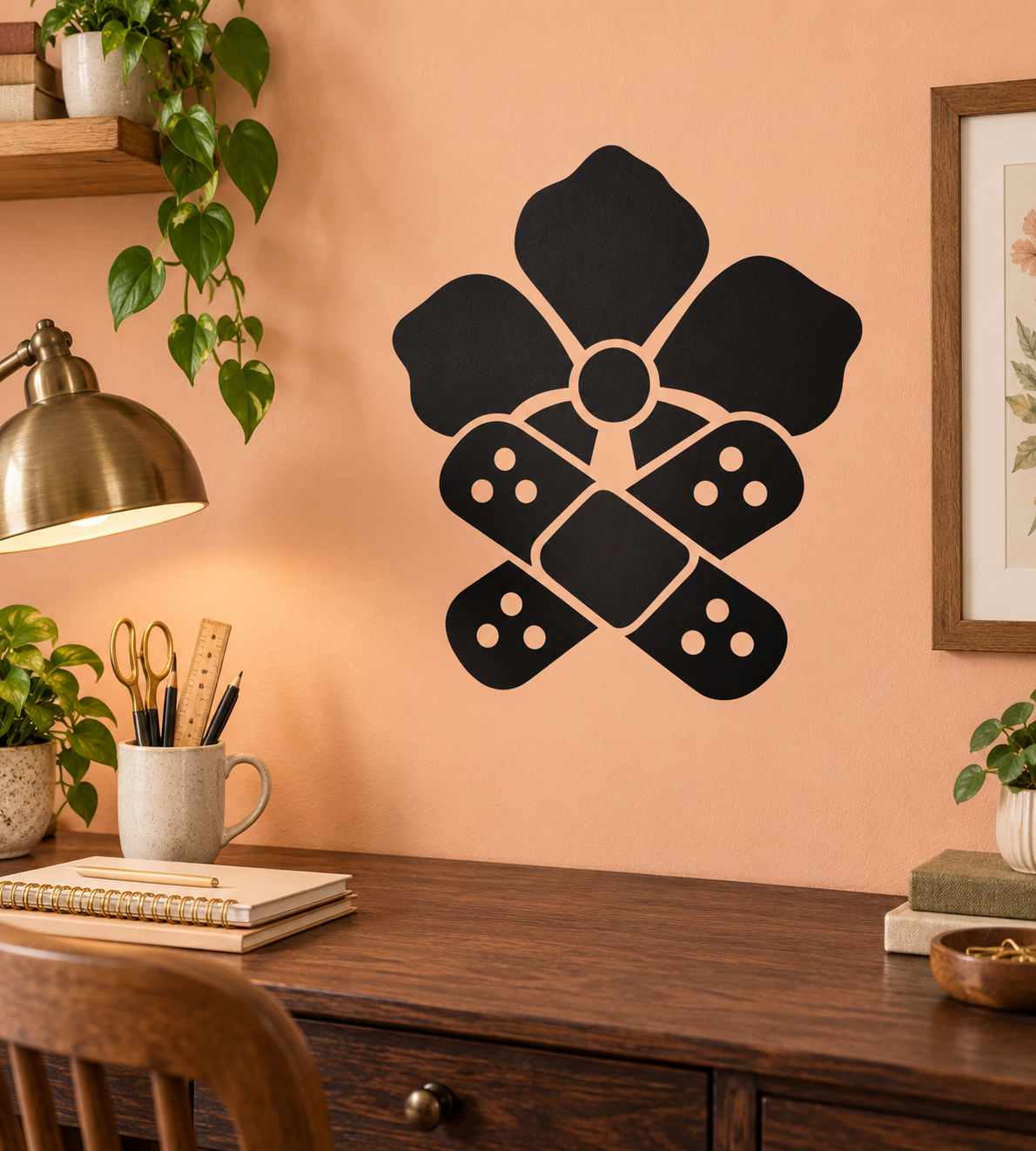 Black bandage-style flower vinyl decal with circular center and dotted bandage pads