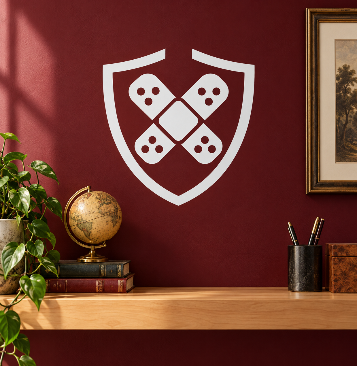 Vinyl shield decal with bandage symbol and four dice-face icons in white
