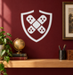 Vinyl shield decal with bandage symbol and four dice-face icons in white