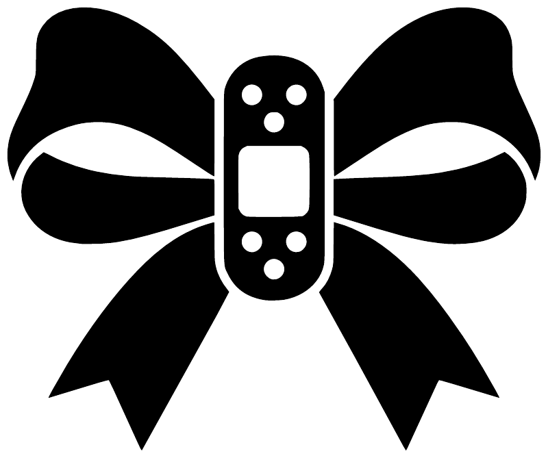 Black bow vinyl decal close-up with bandage-style center and white dot accents