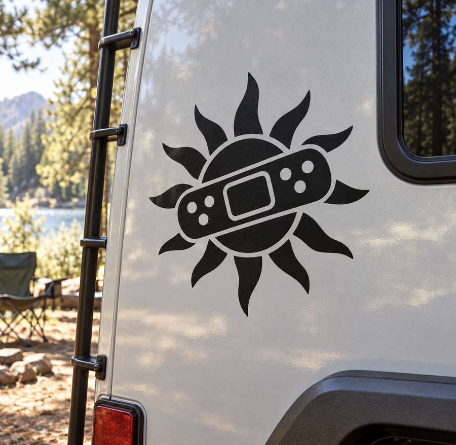 Black sunburst vinyl decal with bandage icon and dotted details