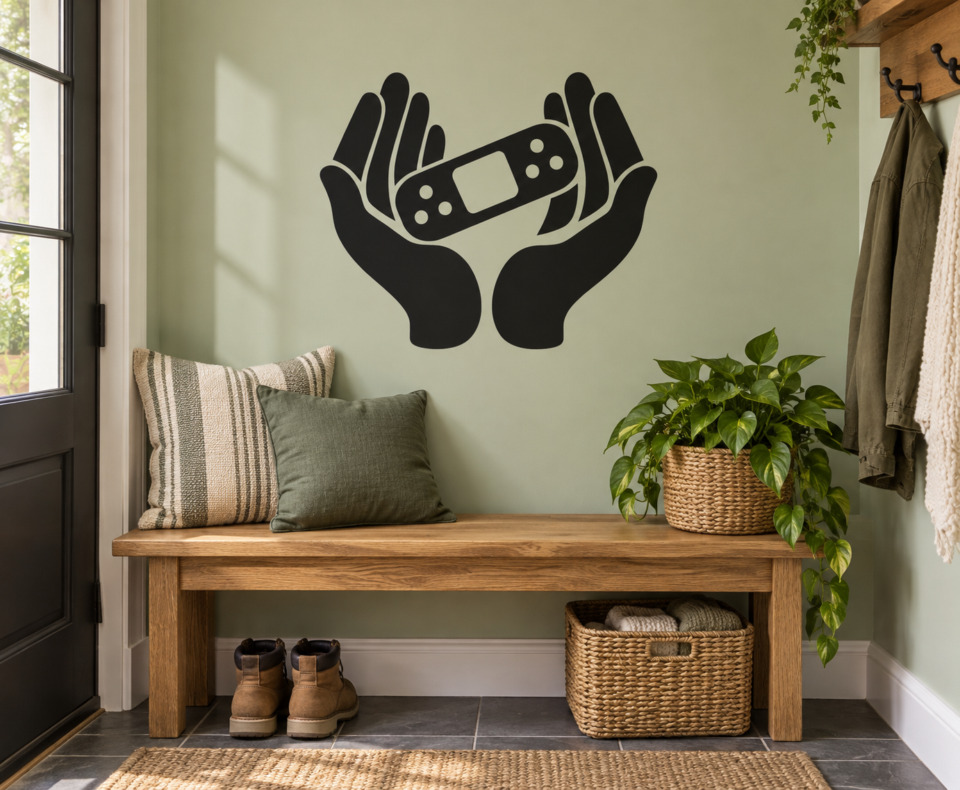 Black bandaged hands vinyl wall decal with medical tape icon