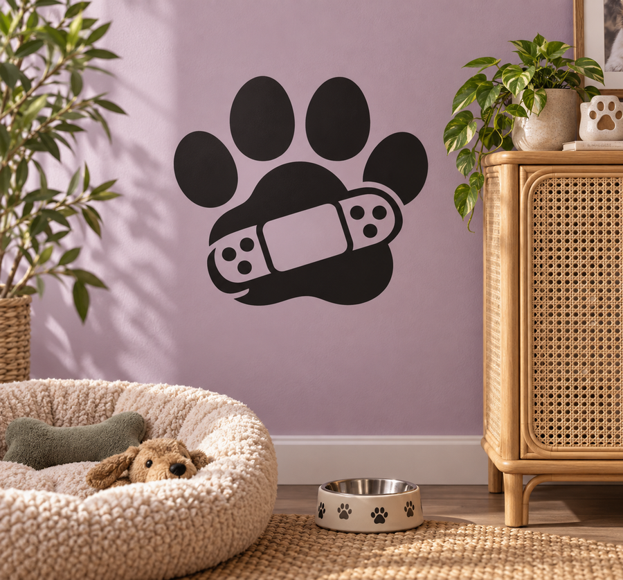 Black vinyl cat paw decal with bandage pattern and paw pad outline