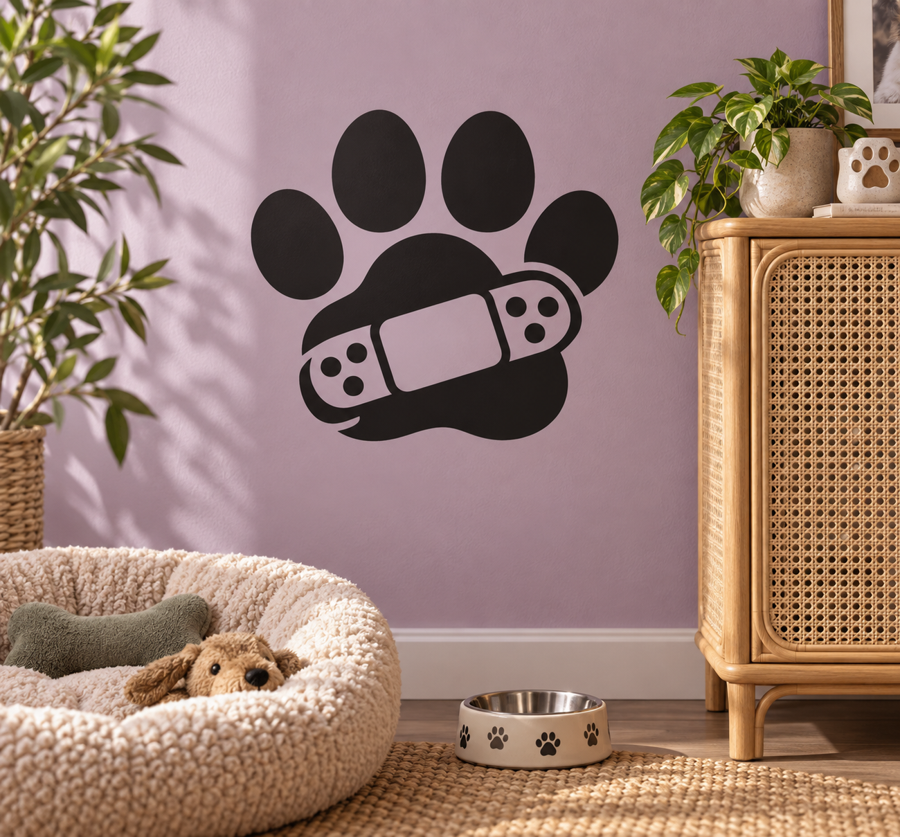 Black vinyl cat paw decal with bandage pattern and paw pad outline
