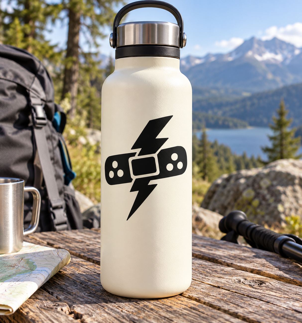 White bottle with black bandage and lightning bolt vinyl decal