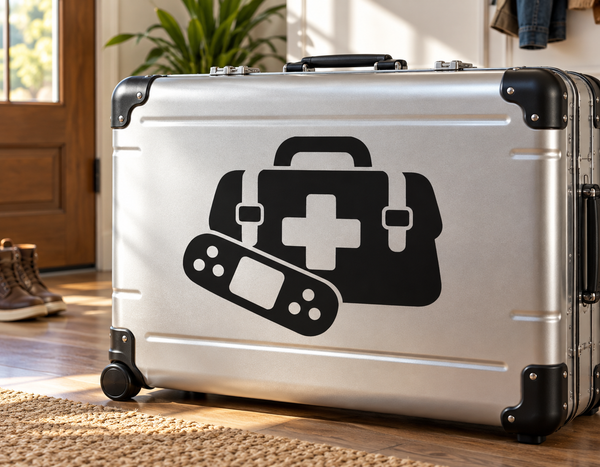 Vinyl decal showing medical bag, cross, and bandage icons on a silver suitcase