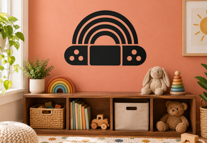 Rainbow arches vinyl decal on black boombox with circular speaker details