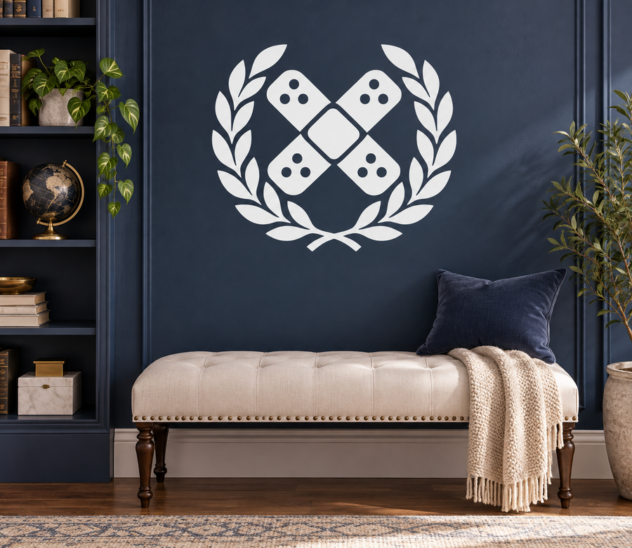 White vinyl wall decal with laurel arch and crossed bandage icons, dotted patches