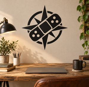 Black vinyl compass-and-bandage decal with bold geometric dice icons