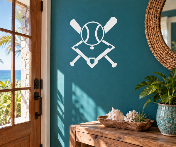 Baseball diamond crest vinyl decal with trophy and crossed bats in white