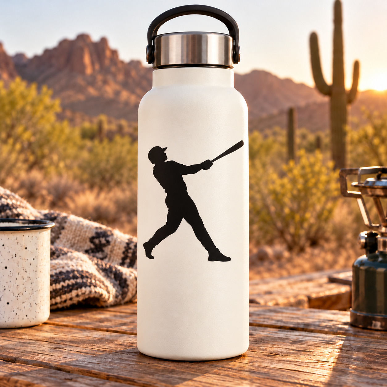 Vinyl decal of a baseball batter in follow-through pose on bottle
