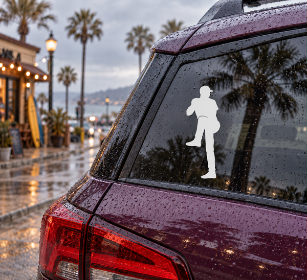 Pitcher windup silhouette vinyl decal on car rear window
