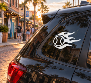 Black vinyl decal with white flame baseball eye on car rear window