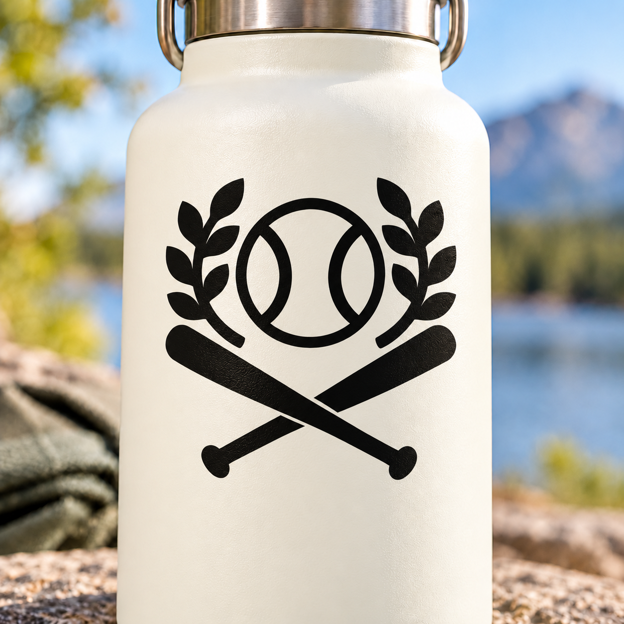 Baseball laurel vinyl decal: black crossed bats with laurel circle baseball icon