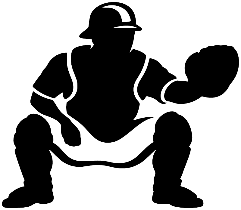 Baseball catcher silhouette vinyl decal with helmet and glove, black on white