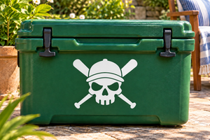 Skull crest baseball vinyl decal with white skull and crossed bats on dark green