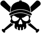 Baseball skull vinyl decal with black skull, cap, and crossed bats on white