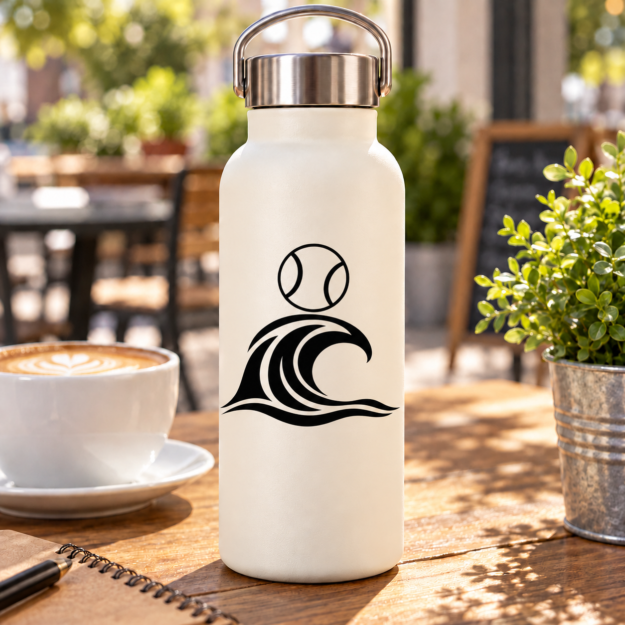 Baseball ocean curl vinyl decal on white bottle, baseball circle above wave graphic