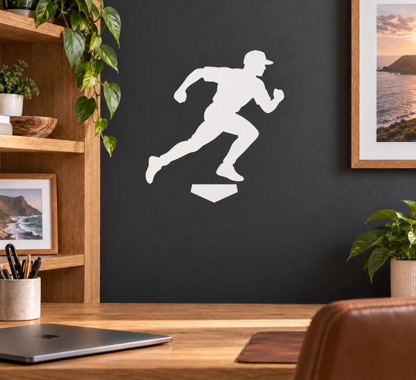 Baseball player running vinyl decal, white silhouette