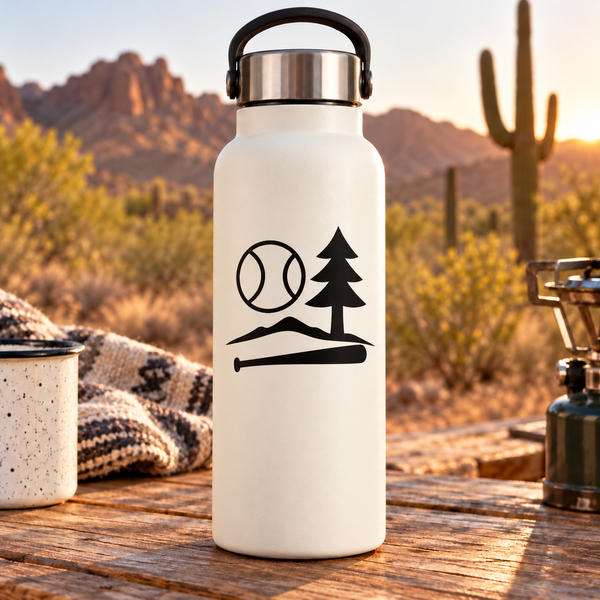 Baseball-themed pine tree vinyl decal on white water bottle