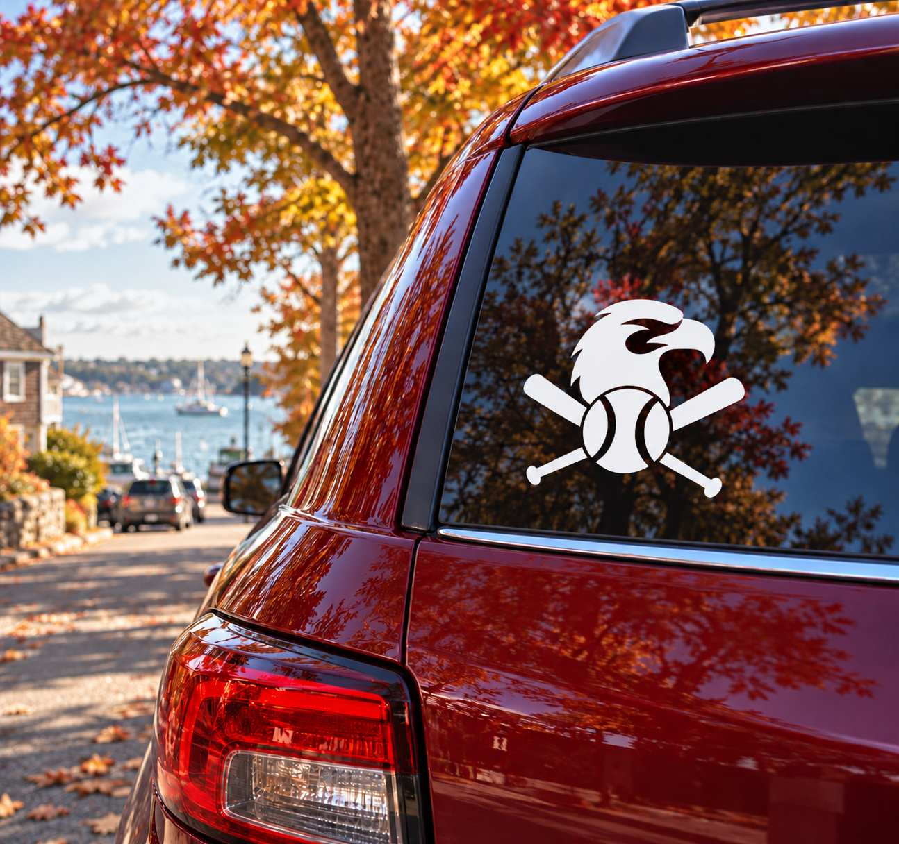Baseball eagle crest vinyl decal on car rear window, white eagle with crossed bats