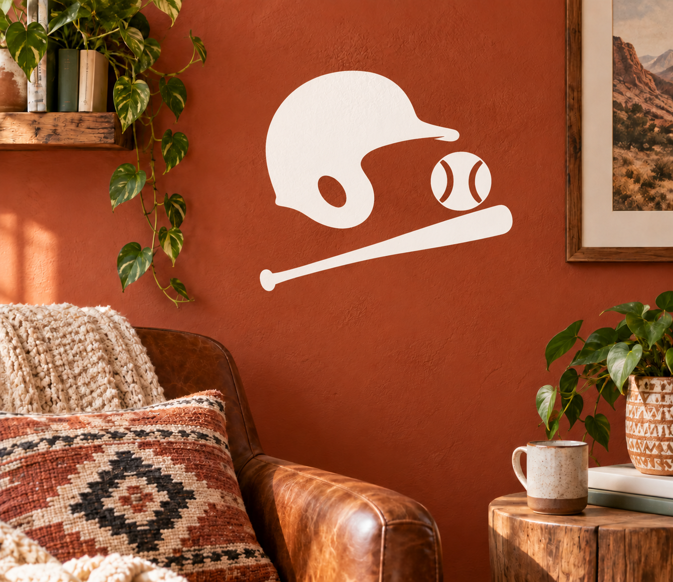 Baseball helmet emblem vinyl decal, white helmet and bat on wall