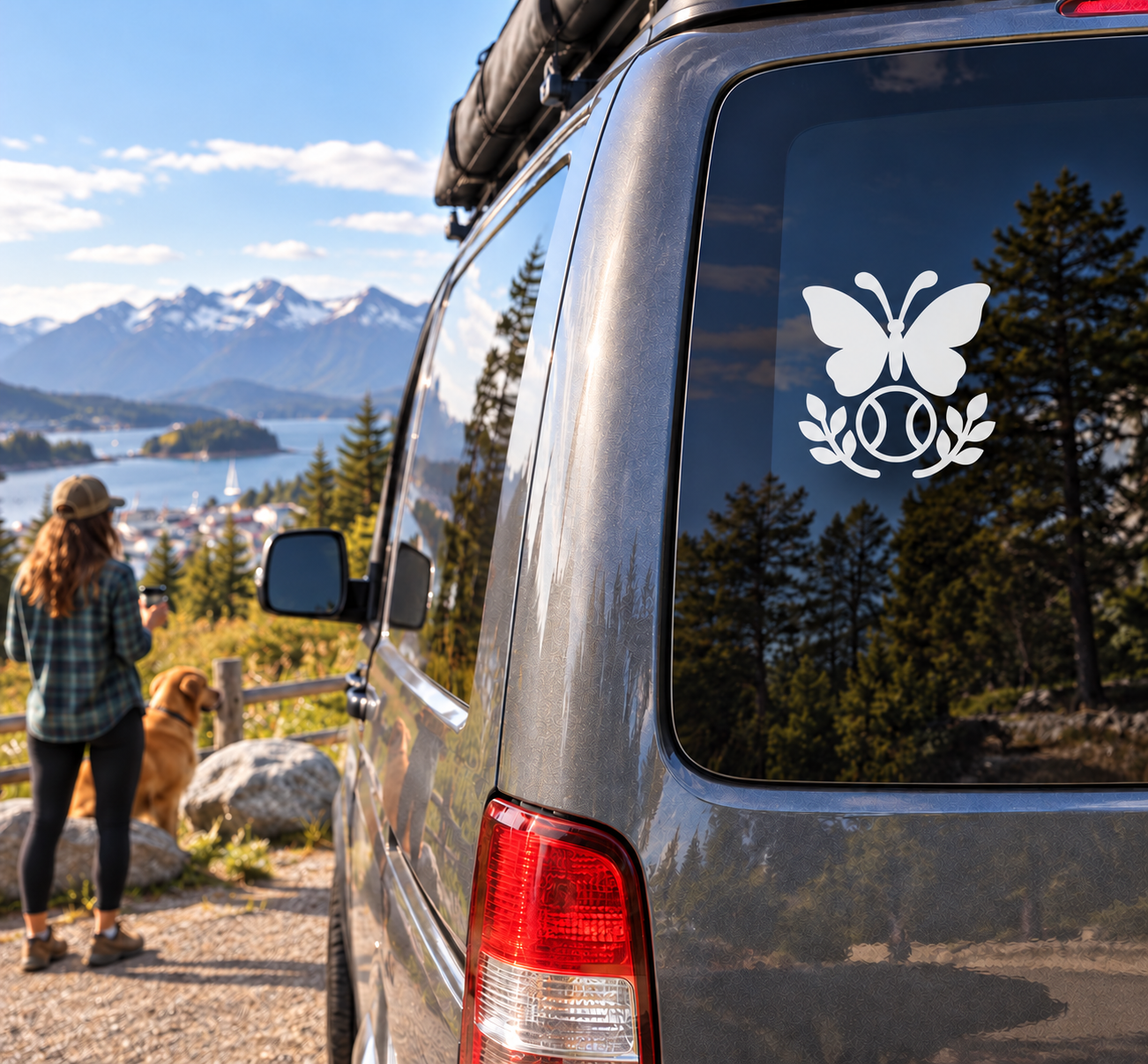 White butterfly crest vinyl decal on car rear window