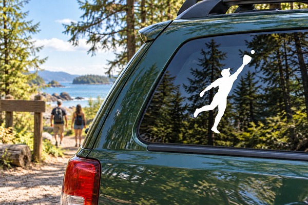 Baseball fielder silhouette vinyl decal on car window, white figure