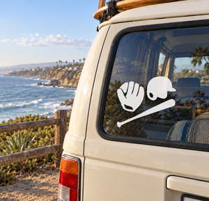 Baseball glove, ball, and bat vinyl decal on vehicle window