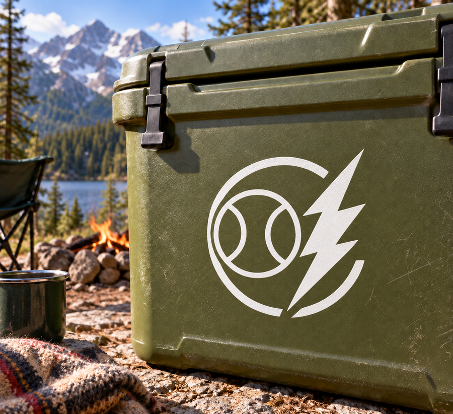 Baseball lightning arc vinyl decal with white circle and lightning bolt emblem