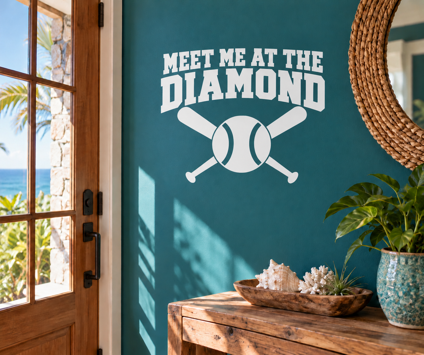 Baseball vinyl wall decal: 'Meet Me at the Diamond' with crossed bats and ball