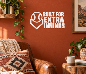 White Built for Extra Innings baseball vinyl wall decal with logo and text