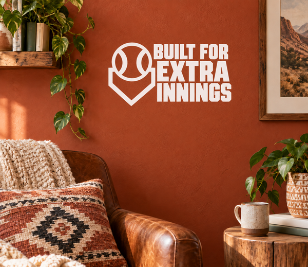 White Built for Extra Innings baseball vinyl wall decal with logo and text