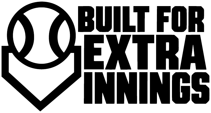 Baseball vinyl decal with Built for Extra Innings logo and bold text, black and white
