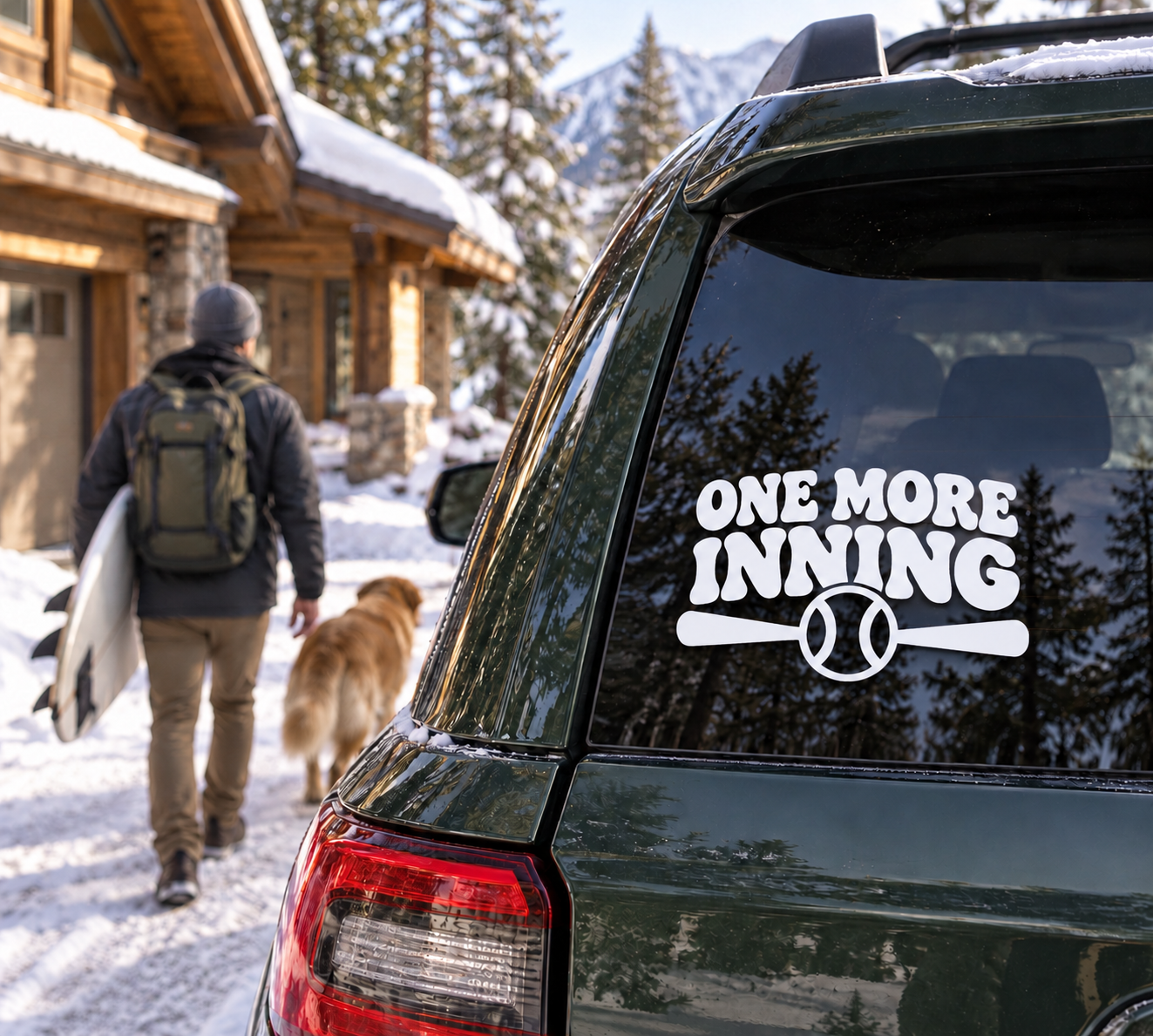 Baseball-themed vinyl decal: 'ONE MORE INNING' with baseball icon on car window.