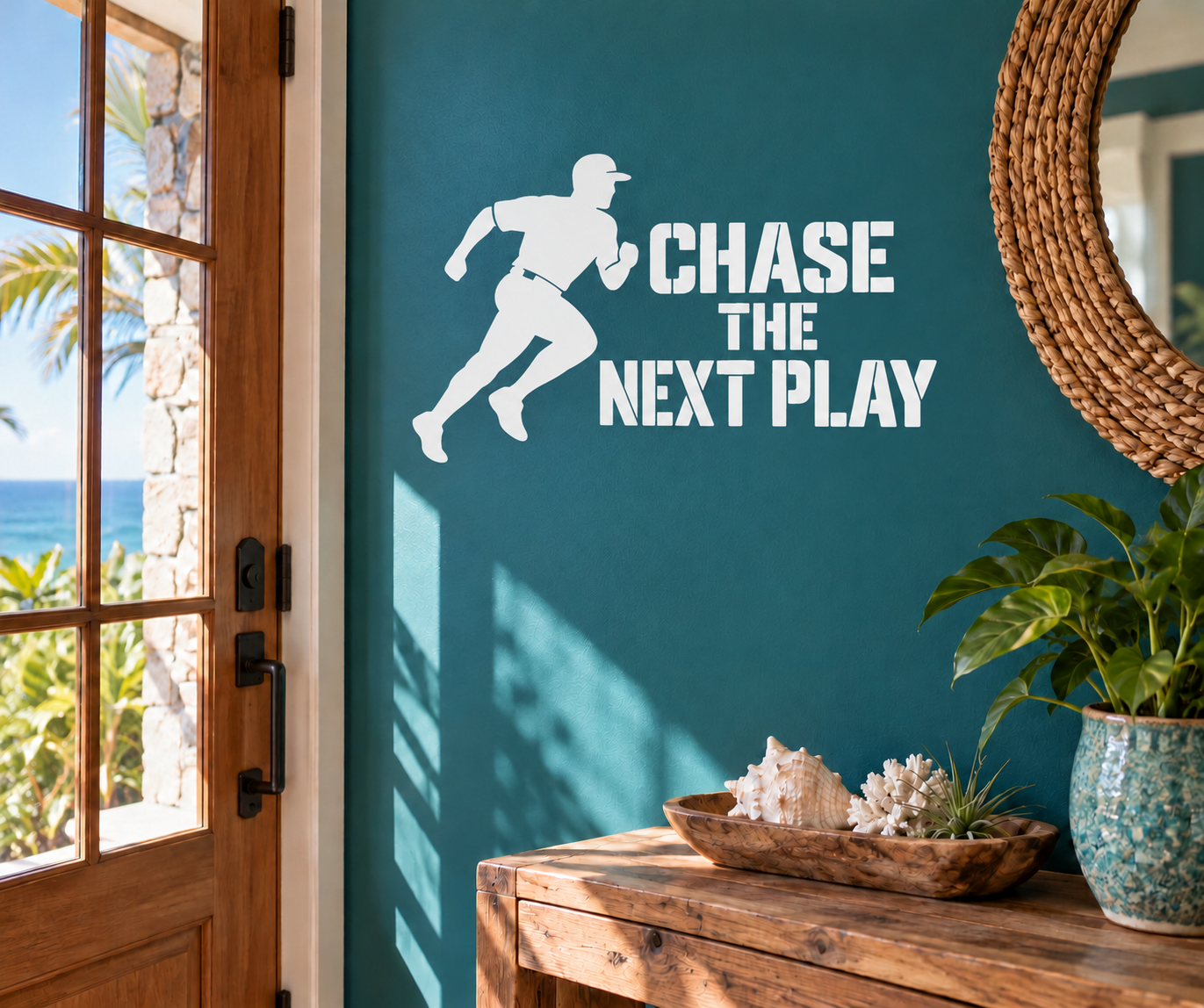 White baseball player silhouette vinyl decal with bold text “CHASE THE NEXT PLAY”.