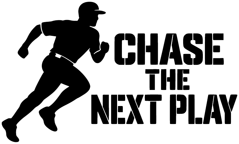 Black vinyl decal of a baseball player silhouette with “CHASE THE NEXT PLAY” text.