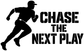 Black vinyl decal of a baseball player silhouette with “CHASE THE NEXT PLAY” text.