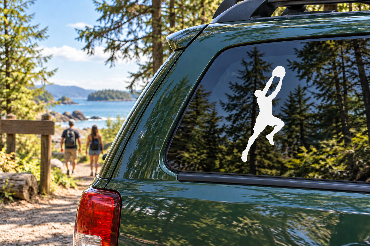 White basketball player vinyl decal with ball raised on car window