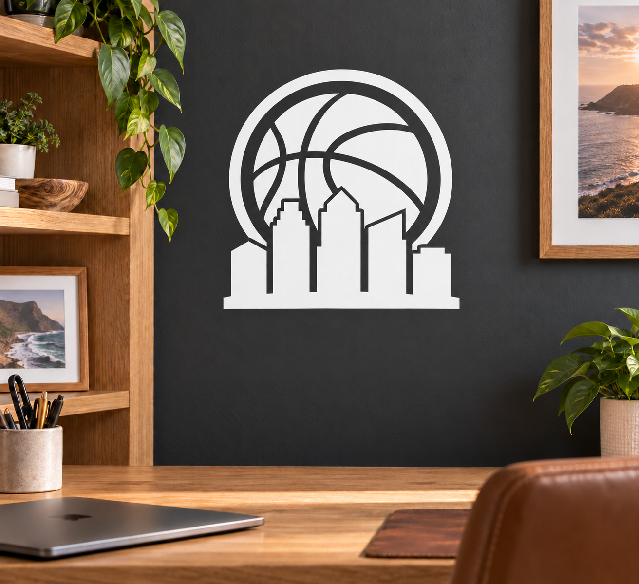 Basketball city horizon vinyl decal with black-and-white skyline and basketball hoop