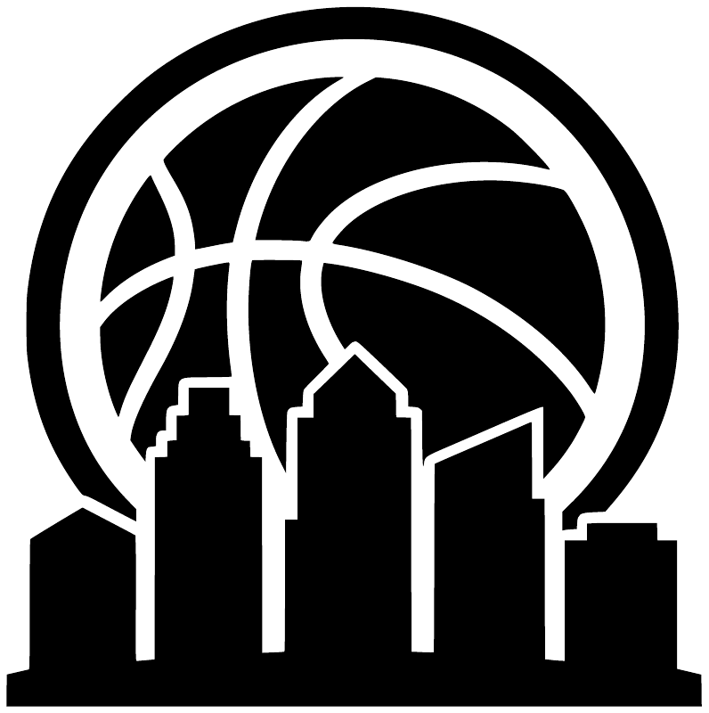 Close-up basketball city horizon vinyl decal in bold black and white skyline hoop design